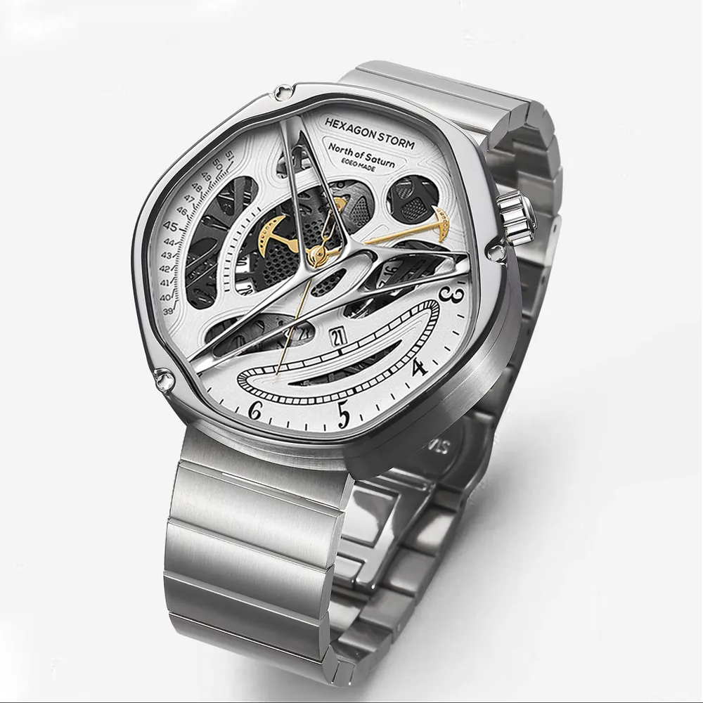 Hexagon Storm Enceladus white dial skeleton watch, flat-link steel bracelet