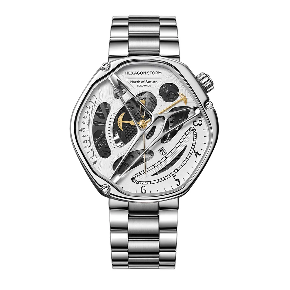 Hexagon Storm Enceladus white dial skeleton watch, three-link steel bracelet