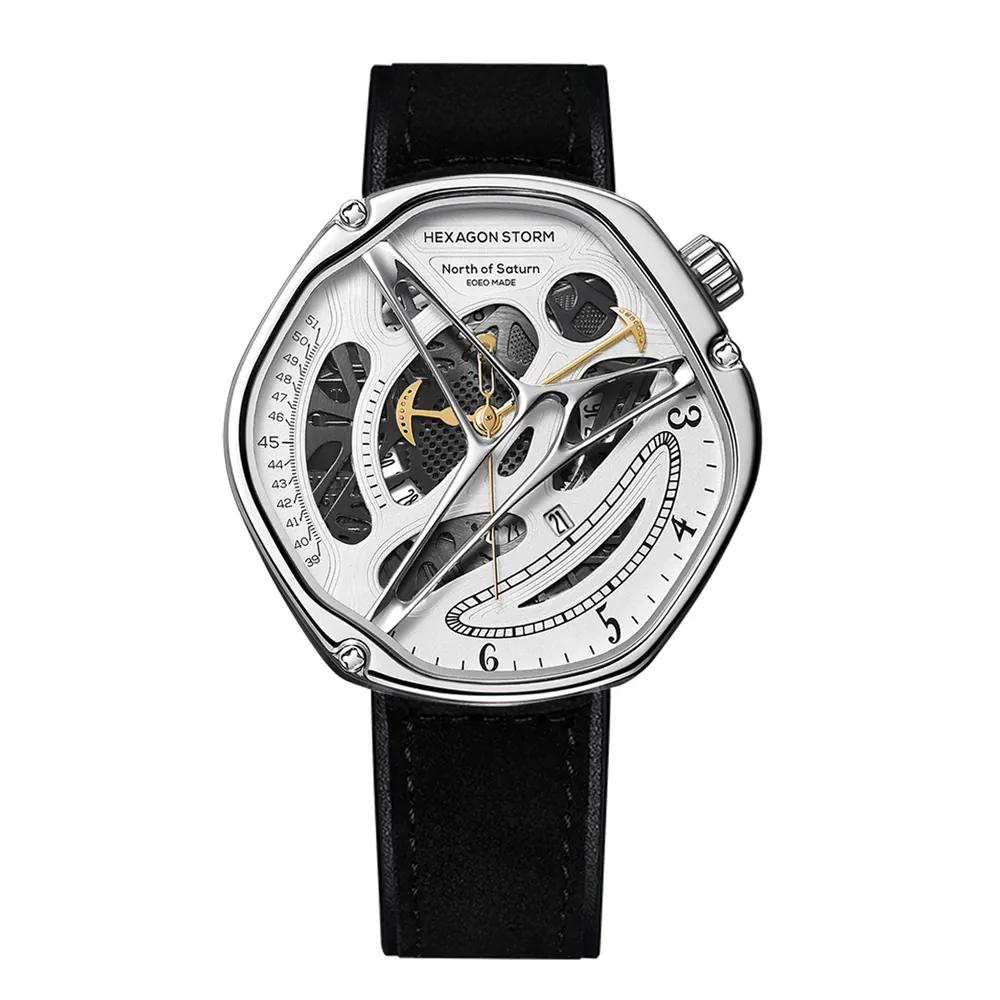 Hexagon Storm Enceladus white dial skeleton watch, black leather strap