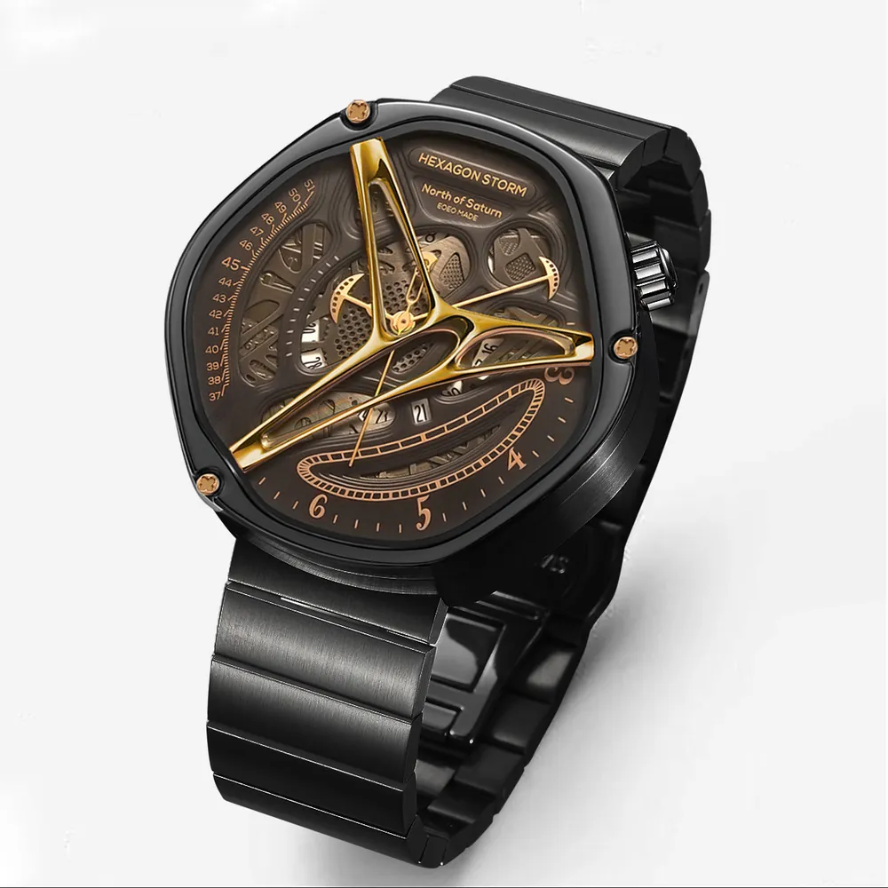 Hexagon Storm Iapetus black and gold skeleton watch, black flat-link bracelet