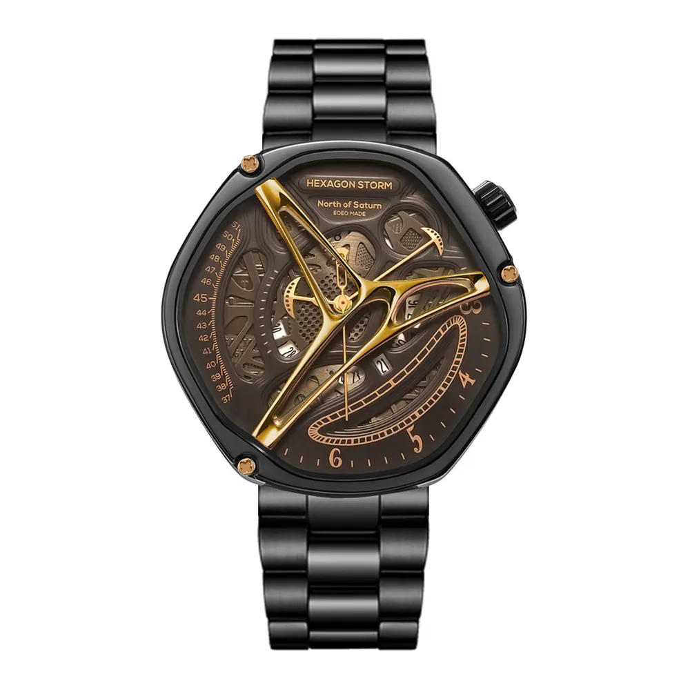 Hexagon Storm Iapetus black and gold skeleton watch, black three-link bracelet