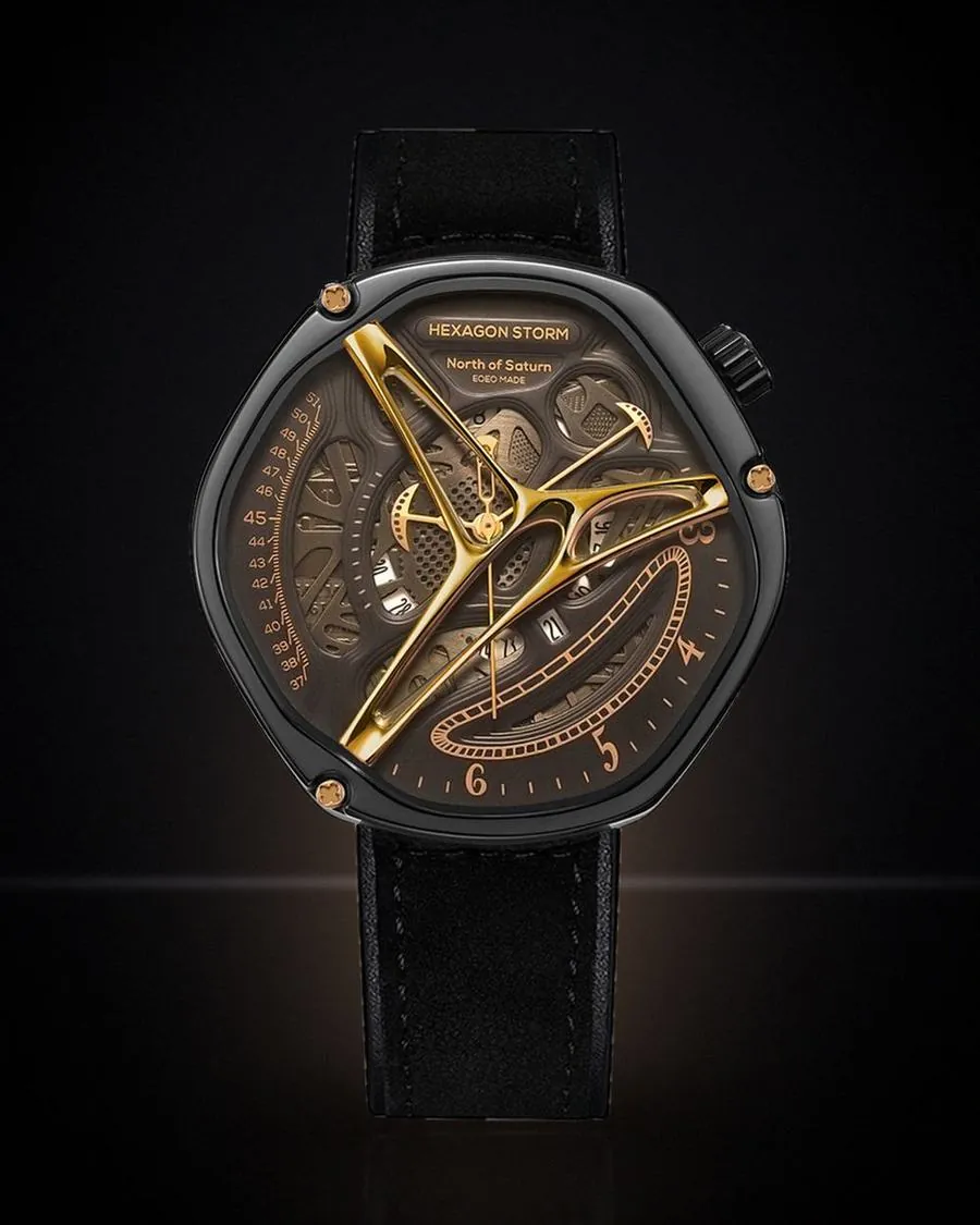 Hexagon Storm Iapetus black and gold skeleton watch