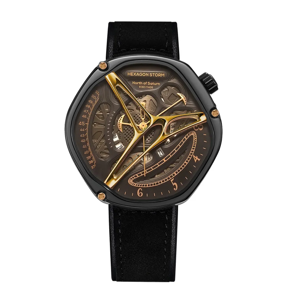 Hexagon Storm Iapetus black and gold skeleton watch, black leather strap