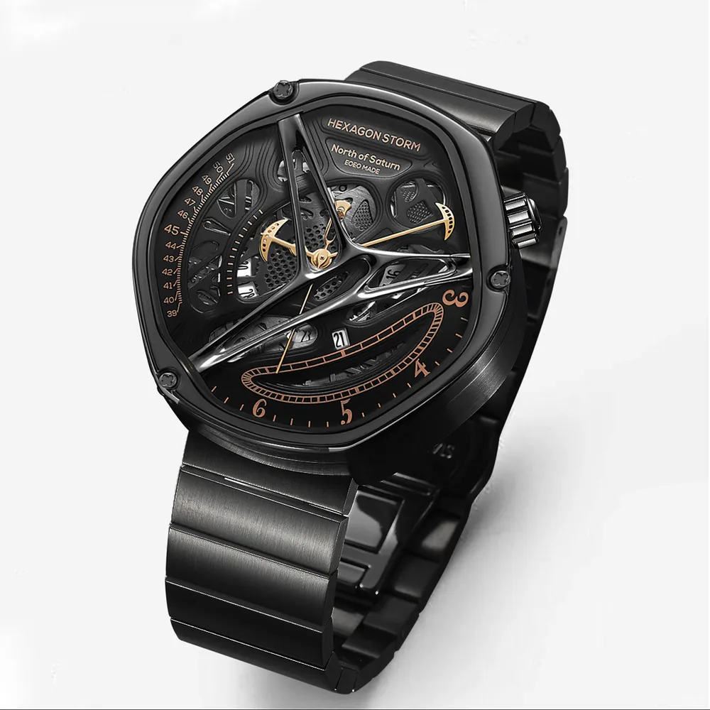 Hexagon Storm Mimas all-black skeleton watch, black flat-link bracelet