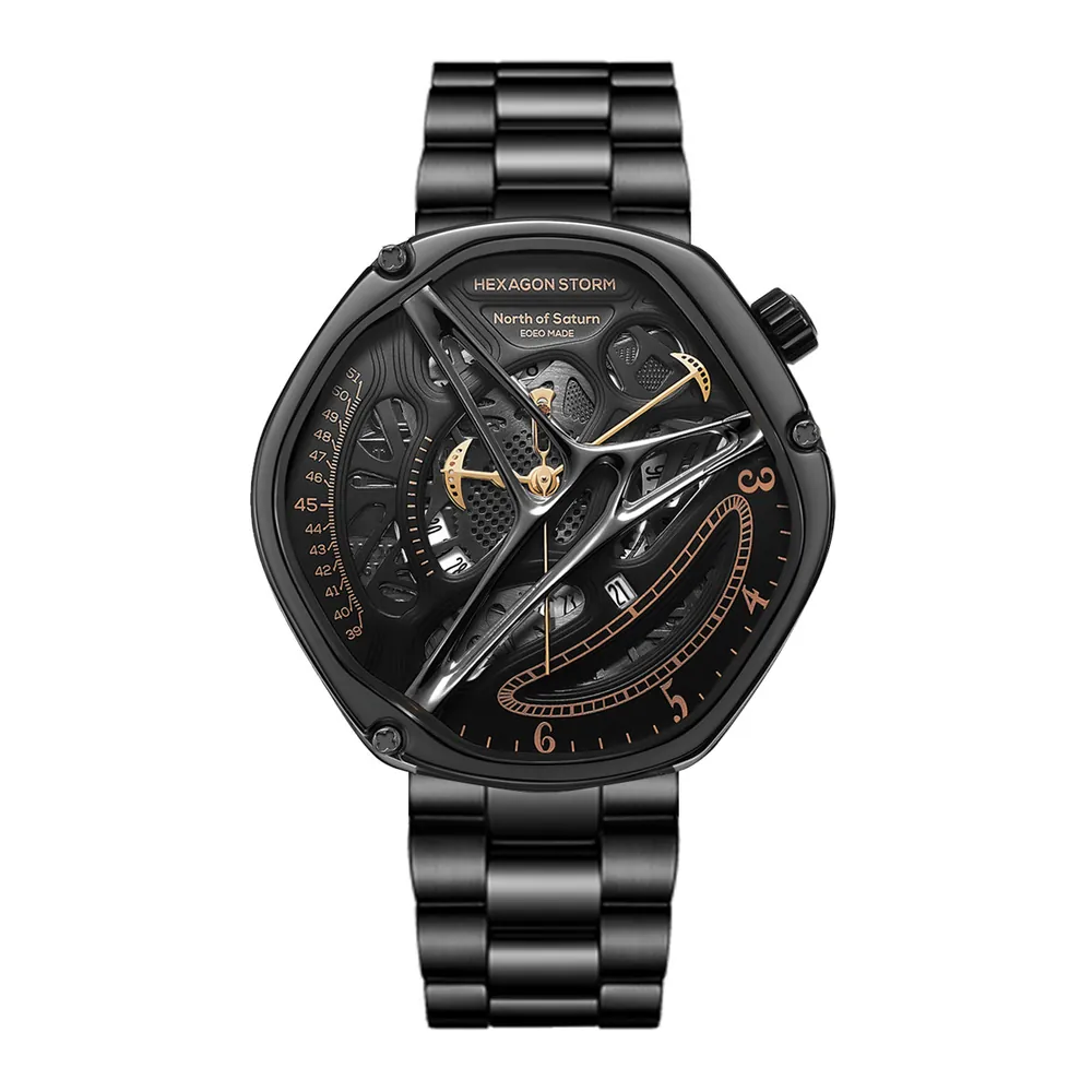 Hexagon Storm Mimas all-black skeleton watch, black three-link bracelet