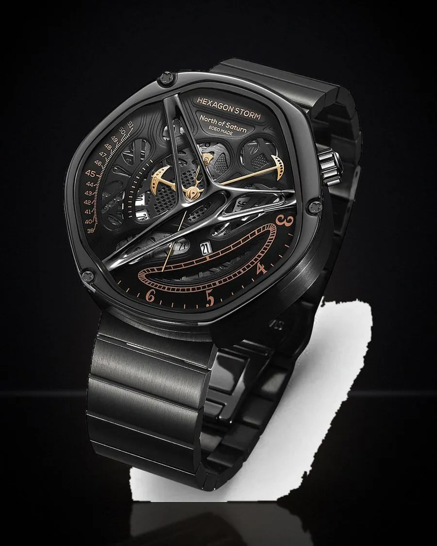 Hexagon Storm Mimas all-black skeleton watch