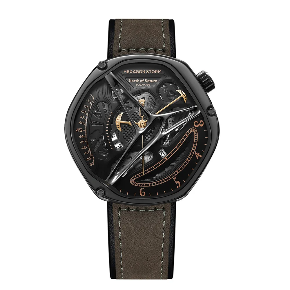 Hexagon Storm Mimas all-black skeleton watch, grey leather strap