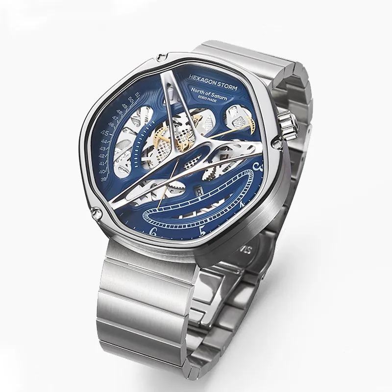 Hexagon Storm Tethys blue dial skeleton watch, flat-link steel bracelet