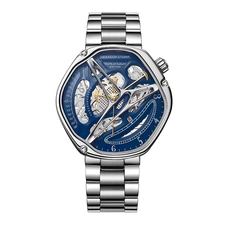 Hexagon Storm Tethys blue dial skeleton watch, three-link steel bracelet