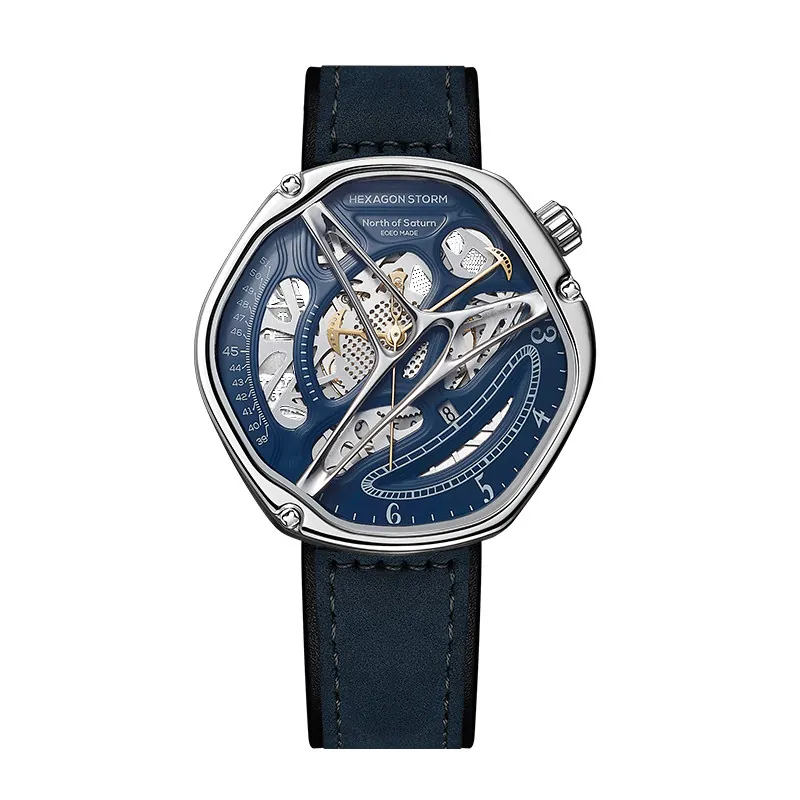 Hexagon Storm Tethys blue dial skeleton watch, deep blue leather strap