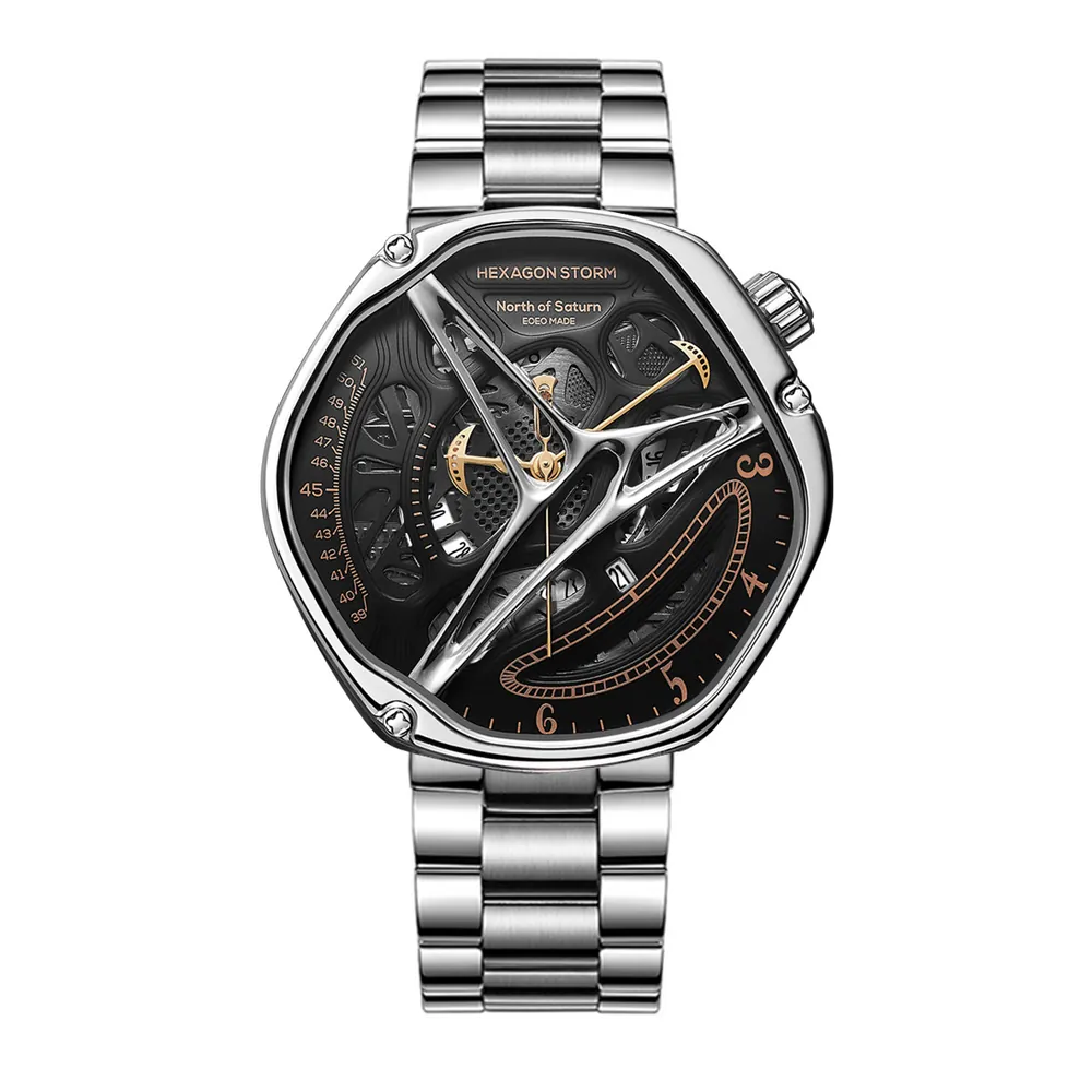 Hexagon Storm Titan skeleton watch, steel case with black dial, front view