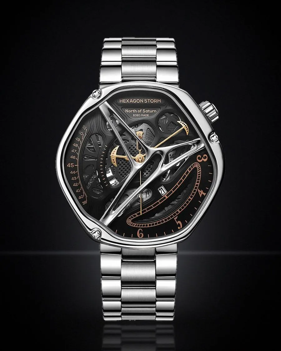 Hexagon Storm Titan, steel and black skeleton watch, on a dark background